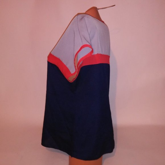 Flats & Heels Blouse Large Navy Blue Gray Orange Colorblock Chiffon Short Sleeve - Picture 4 of 6